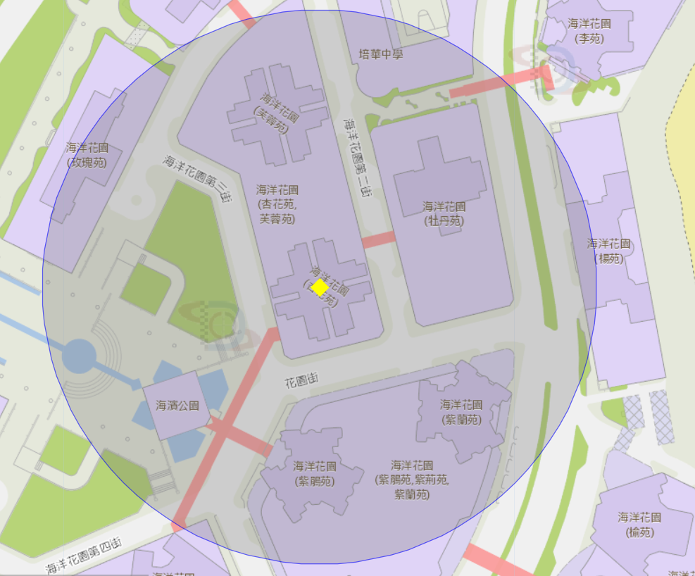 氹仔海洋花園杏花苑附近風險區域100米半徑範圍
