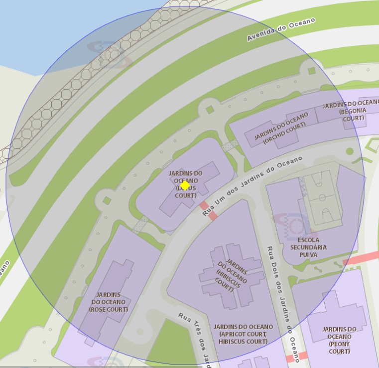 a área de risco com um raio de 100 metros, delimita os jardins do oceano (lotus court) na taipa