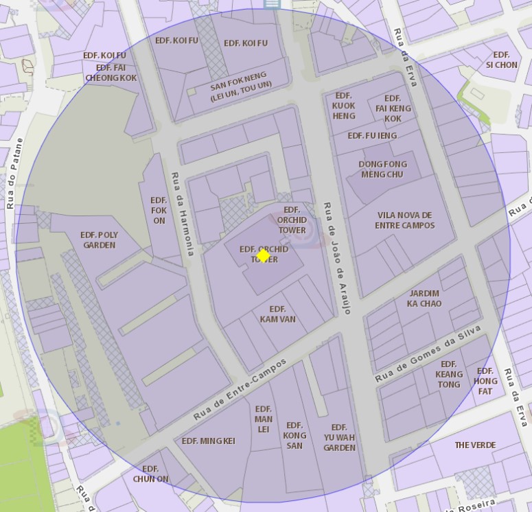 a área de risco com um raio de 100 metros, delimita o bloco 2 do edifício orchid tower, situado na rua da harmonia, n.º 28