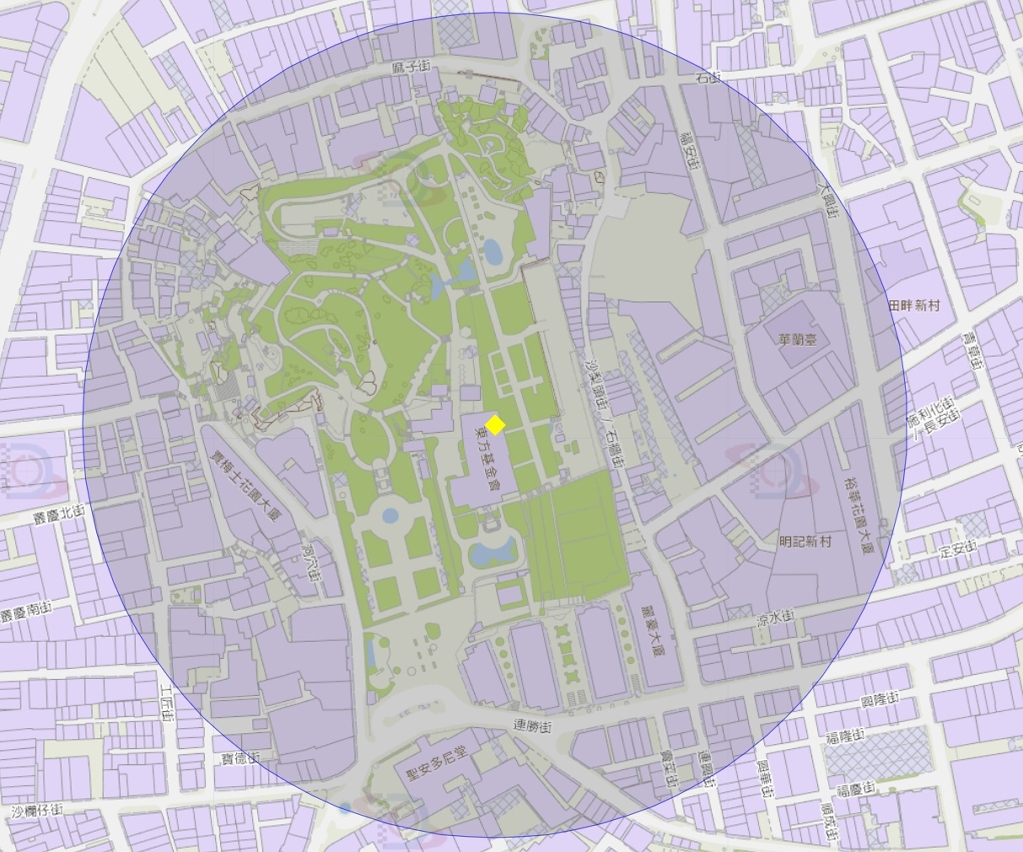 白鴿巢公園附近風險區域200米半徑範圍