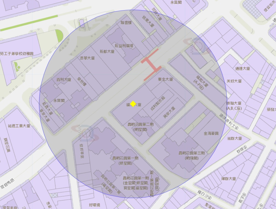 羅白沙街福來大廈附近風險區域100米半徑範圍