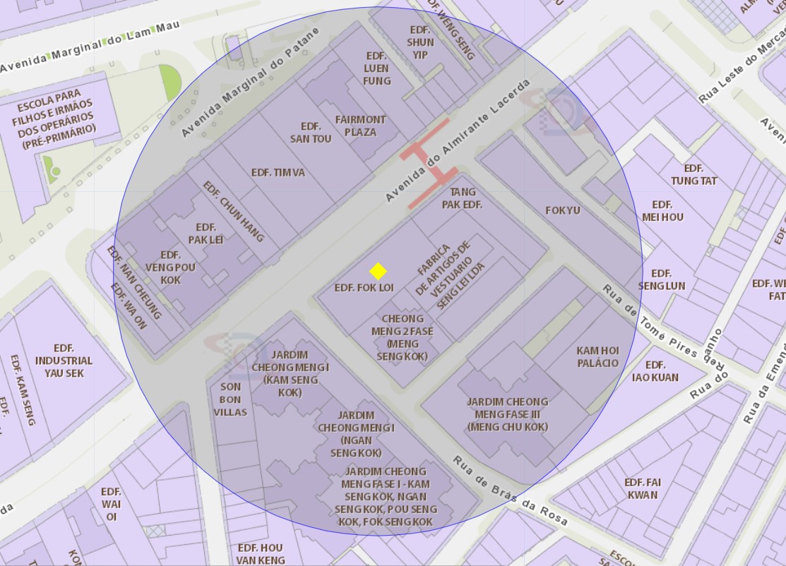 A área de risco com um raio de 100 metros, delimita o Edifício Fok Loi, situado na Rua de Brás da Rosa