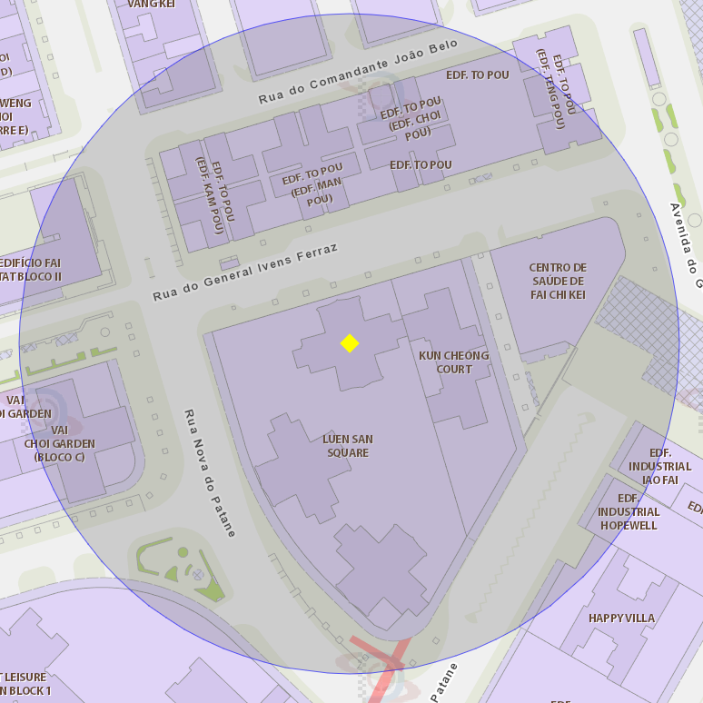 A área de um raio de 100 metros ao redor do Edifício Luen San Square, Bloco I, sito na Rua do General Ivens Ferraz, está delimitada como zona de risco