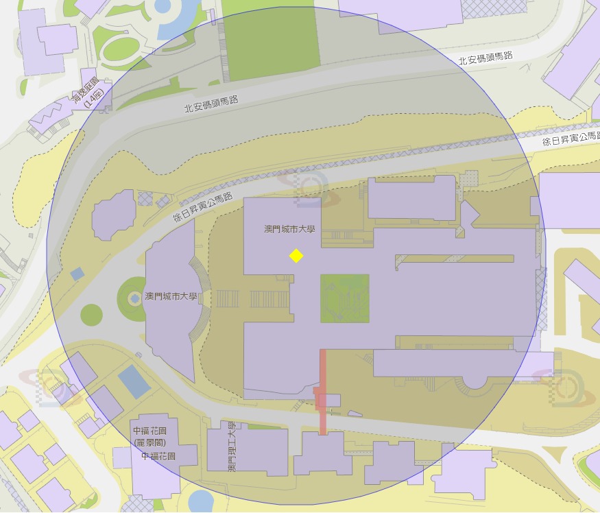 氹仔徐日昇寅公馬路澳門城市大學附近風險區域100米半徑範圍