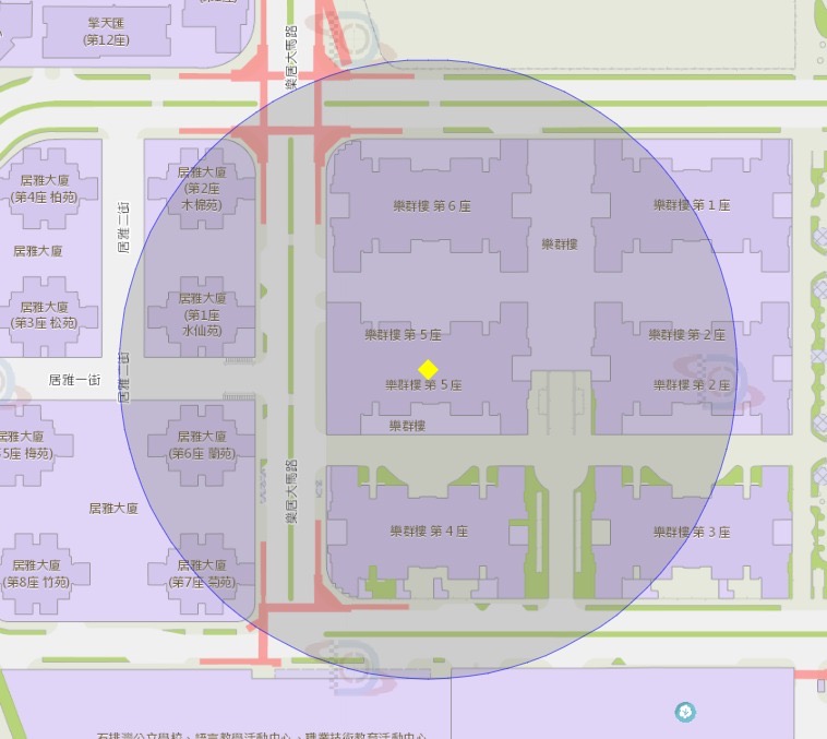 路环石排湾乐群楼第五座附近风险区域100米半径范围