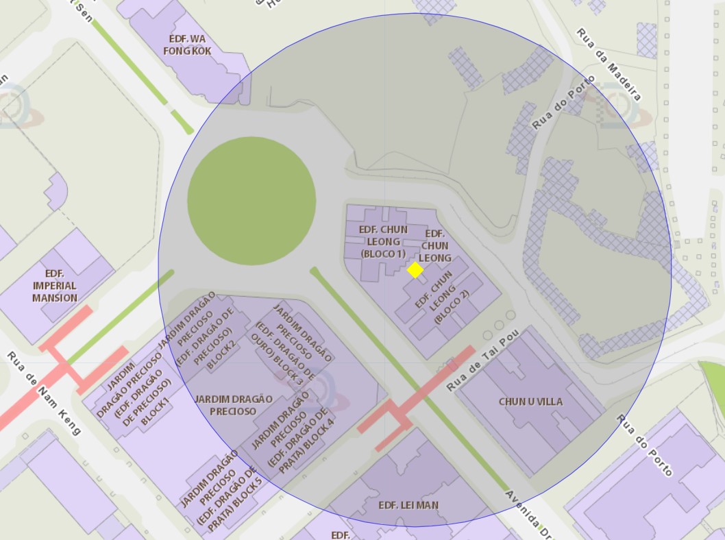 A área de um raio de 100 metros ao redor do edifício chun leong da taipa está delimitada como zona de risco