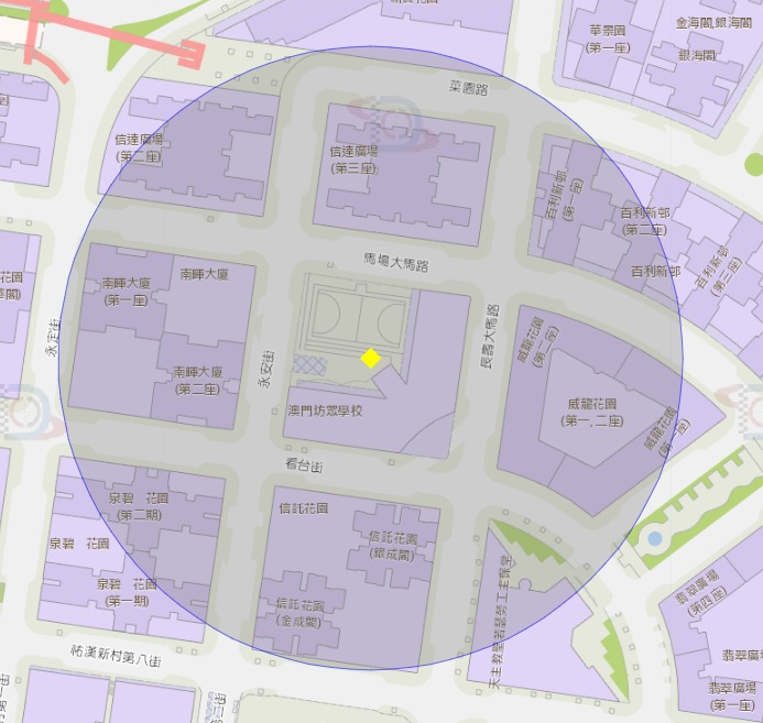 澳門坊眾學校中學部附近風險區域100米半徑範圍