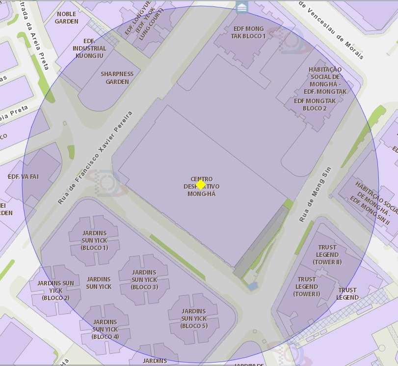 A área de risco com um raio de 100 metros, delimita o centro desportivo mong-há de macau