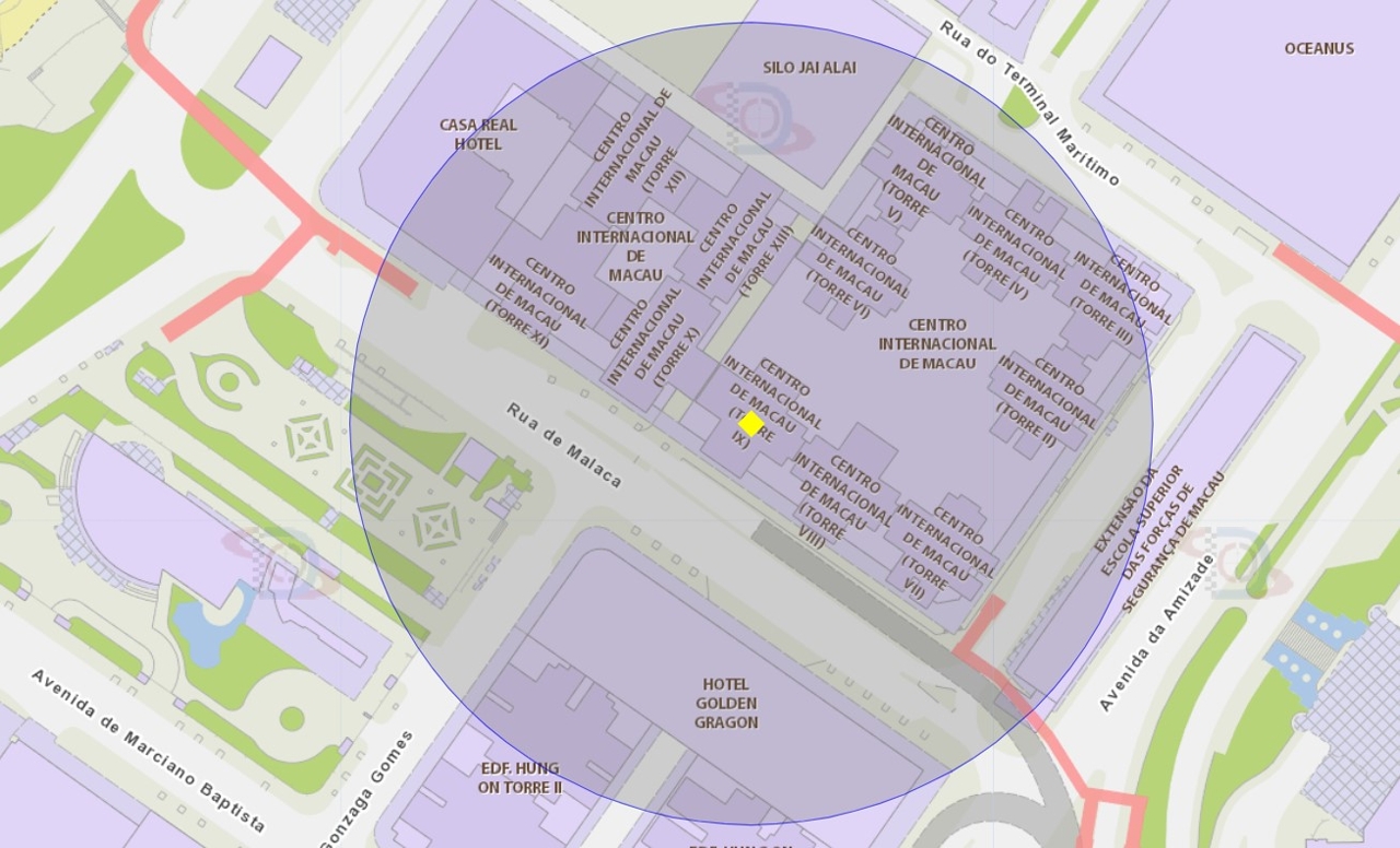 Zona de risco com um raio de 100 metros nas proximidades do Centro Internacional
