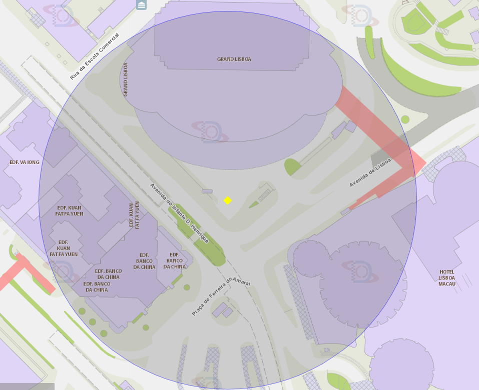 Zona de risco com um raio de 100 metros nas proximidades do Grand Lisboa