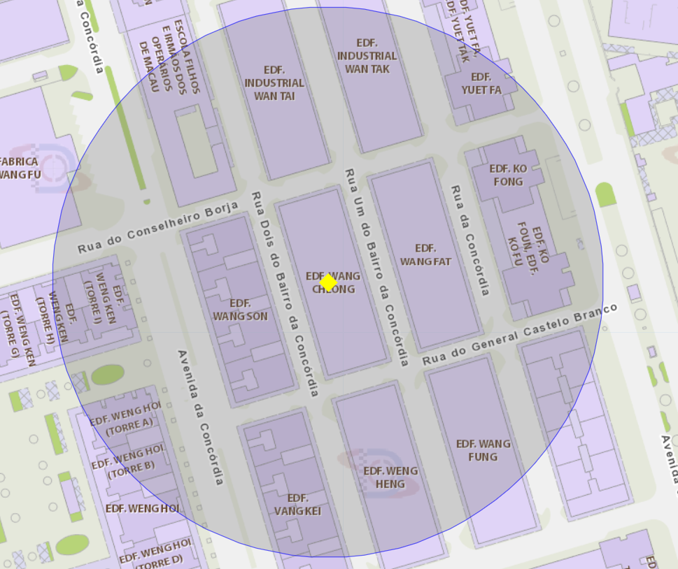 Zona de risco com raio de 100 metros nas proximidades do edifício van cheong, n.º 28-56, na rua dois do bairro da concórdia