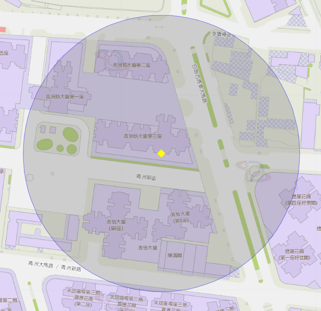 青洲新街青洲坊大廈第三座附近風險區域100米半徑範圍