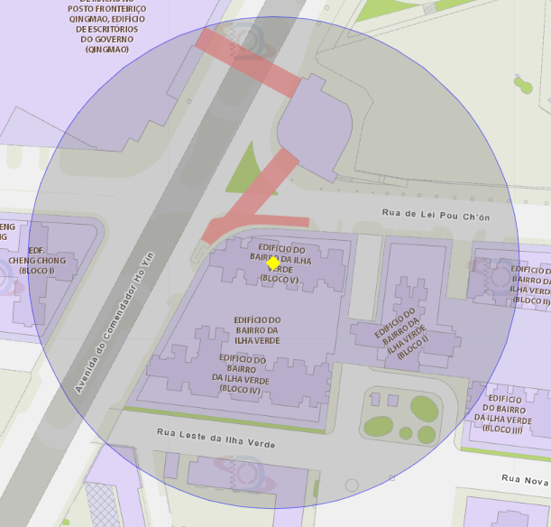 A área de risco com um raio de 100 metros, delimita o bloco 5 do edifício do bairro da ilha verde, situado na rua de lei pou ch 'ôn