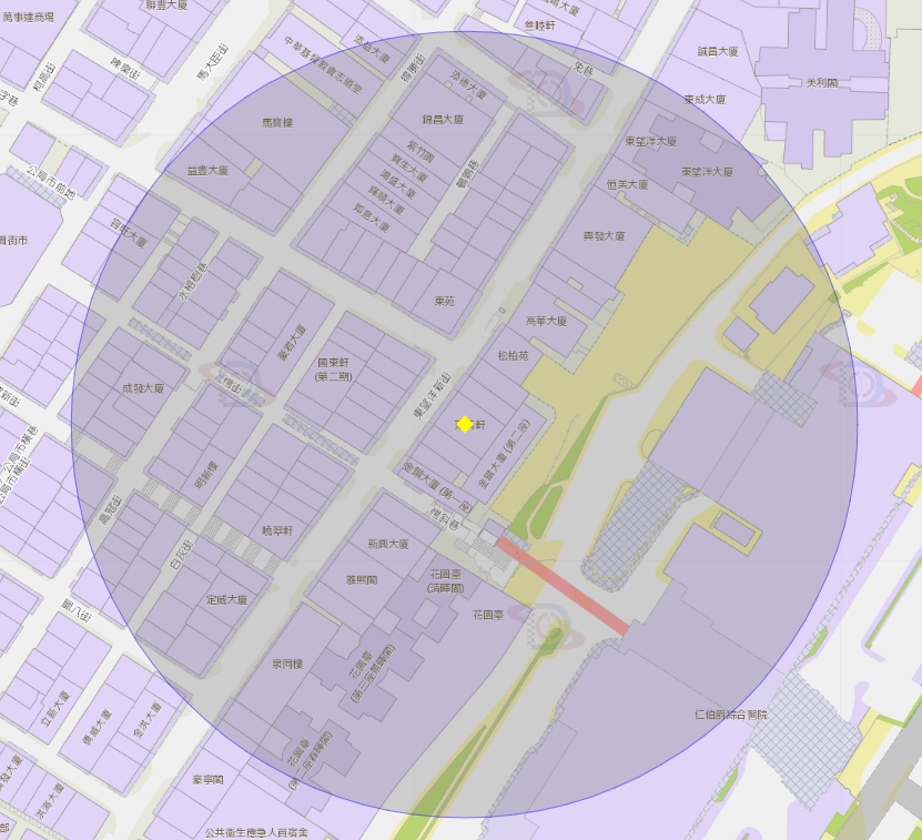 東望洋新街東晴軒附近風險區域100米半徑範圍