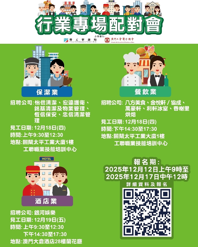 勞工局12月第三周舉辦三場配對會