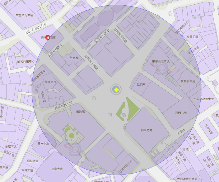 議事亭前地附近風險區域100米半徑範圍