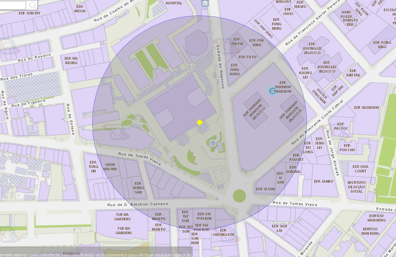zona de risco com raio de 100 metros nas proximidades do Hospital Kiang Wu