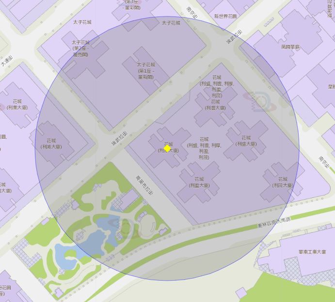 哥英布拉街花城（利厚大廈）附近風險區域100米半徑範圍