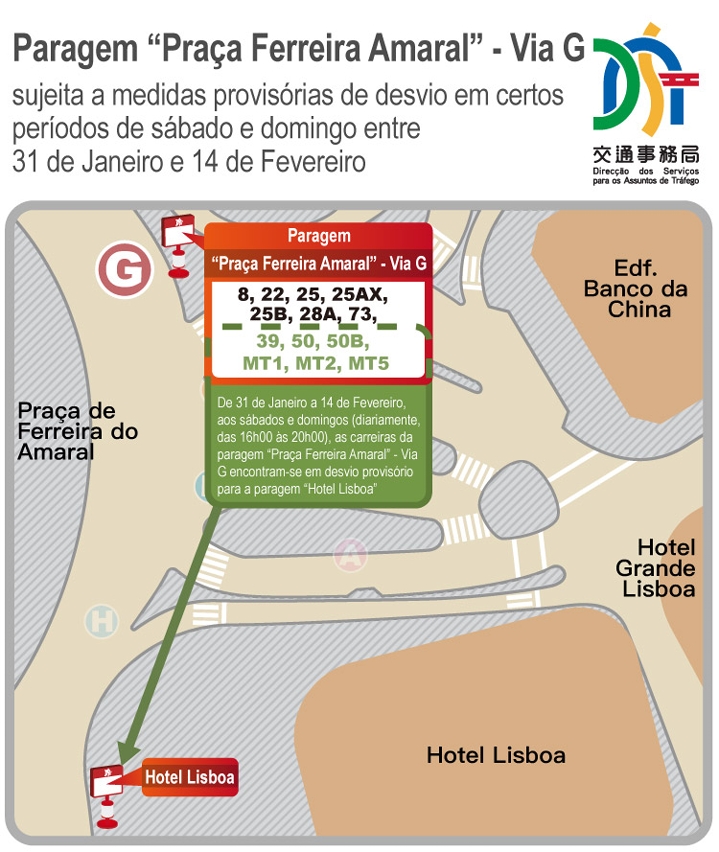 paragem “praça ferreira amaral” - via g sujeita a medidas provisórias de desvio em certos períodos de sábado e domingo entre 31 de janeiro e 14 de fevereiro