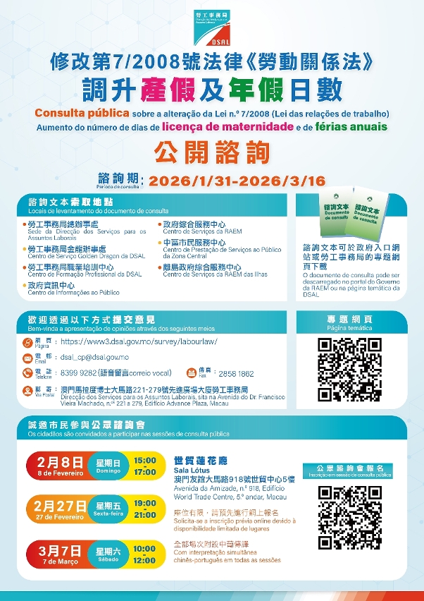 Consulta pública a partir de amanhã, a decorrer durante 45 dias, sobre a alteração da “Lei das relações de trabalho” para o aumento do número de dias de licença de maternidade e de férias anuais