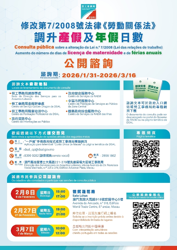 Consulta pública a partir de hoje (dia 31), a decorrer durante 45 dias, sobre a alteração da “Lei das relações de trabalho” para o aumento do número de dias de licença de maternidade e de férias anuais