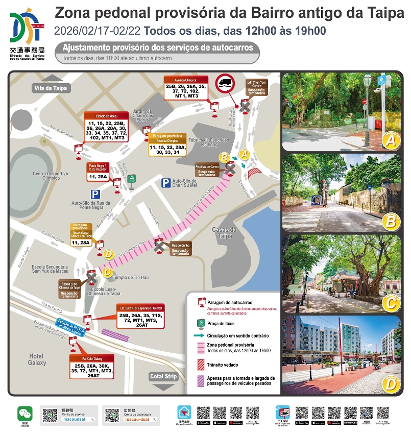 Disposição provisória de trânsito na zona pedonal temporária do bairro antigo da taipa