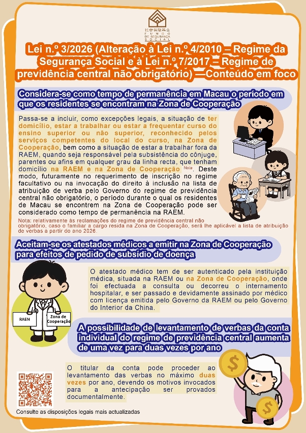 Lei n.º 3/2026 (Alteração à Lei n.º 4/2010 ‒ Regime da Segurança Social e à Lei n.º 7/2017 ‒ Regime de previdência central não obrigatório) - Conteúdo em foco - Infografia
