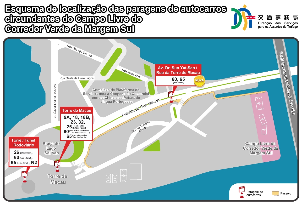 Esquema de localização das paragens de autocarros circundantes do campo livre do Corredor Verde da Margem Sul