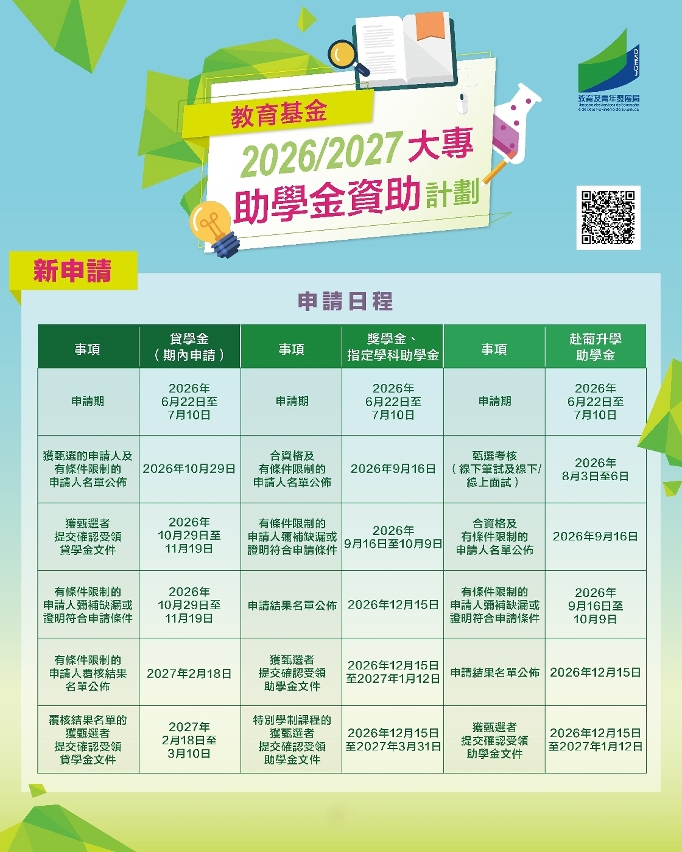 “大專助學金資助計劃”申請日程