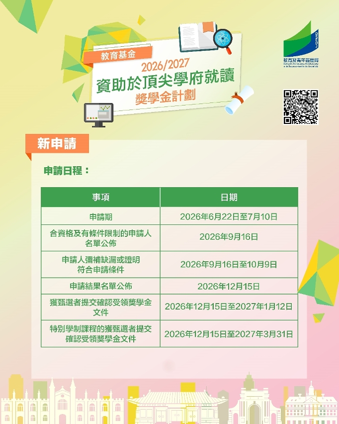 “資助於頂尖學府就讀獎學金計劃”申請日程