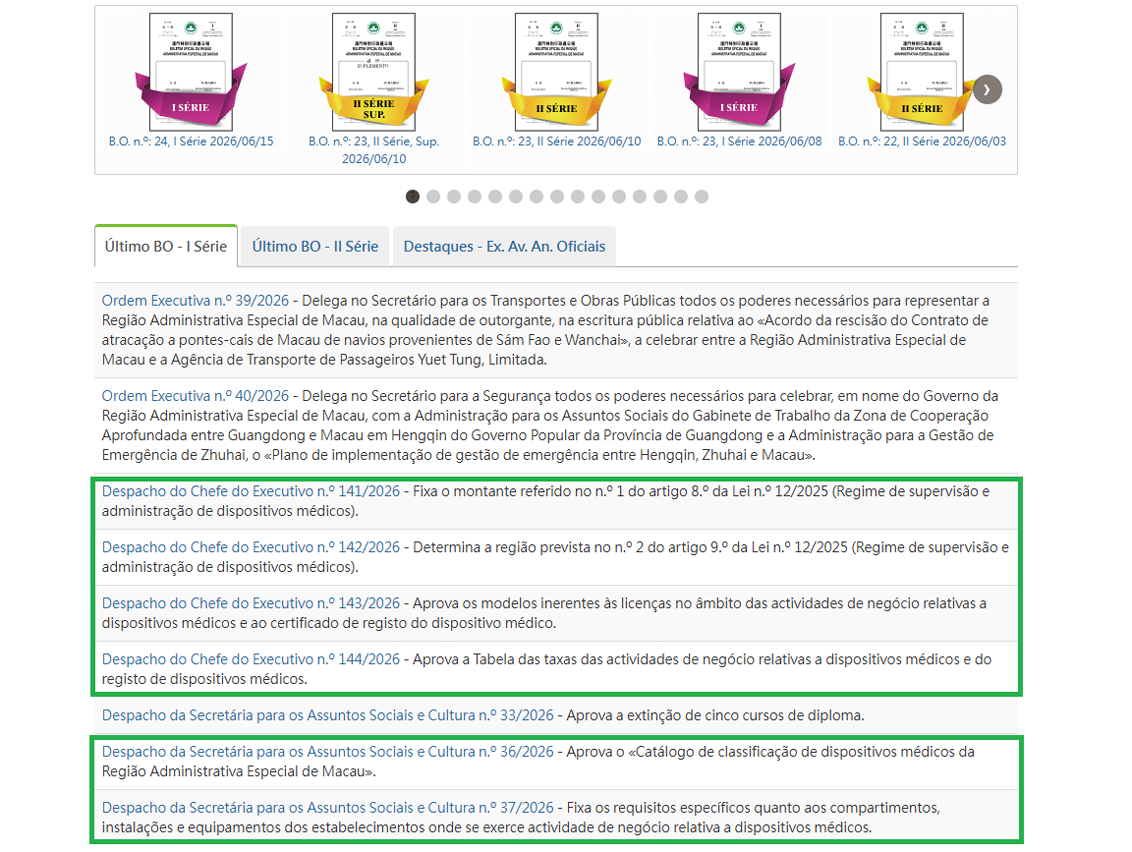 Publicação dos despachos do Chefe do Executivo e da Secretária para os Assuntos Sociais e Cultura relativos ao “Regime de supervisão e administração de dispositivos médicos”