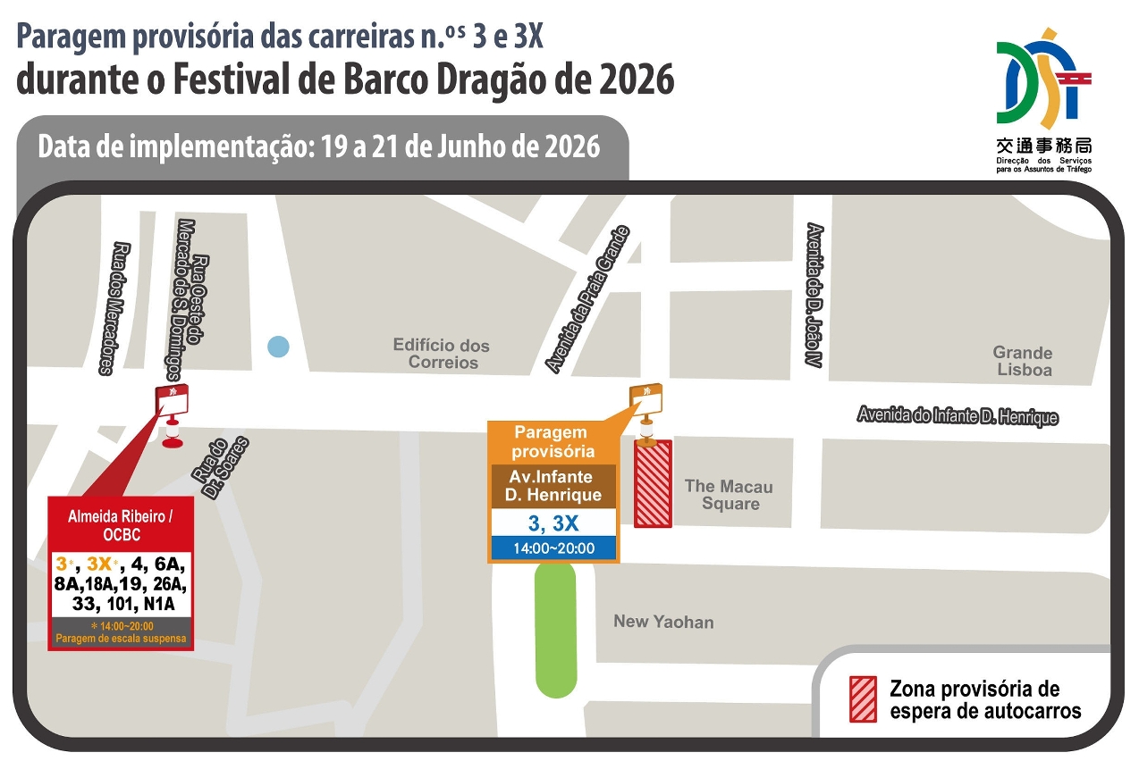 Disposições provisórias de paragem das carreiras n.os 3 e 3x durante o festival de barco dragão de 2026