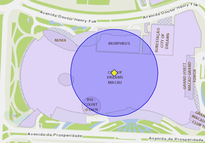 Zona de risco com um raio de 100 metros nas proximidades da city of dreams