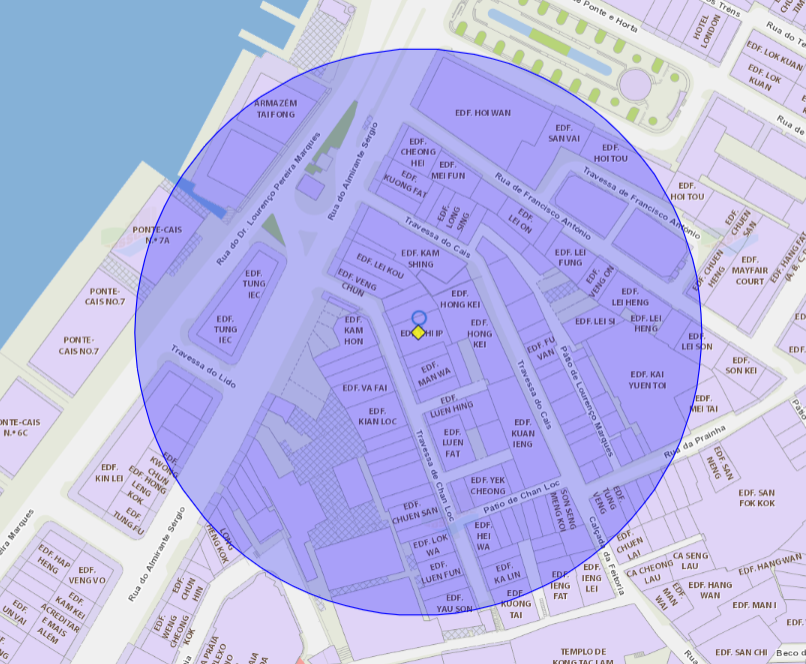 zona de risco com um raio de 100 metros nas proximidades do Edifício Chi Yip, na Travessa de Chan Loc