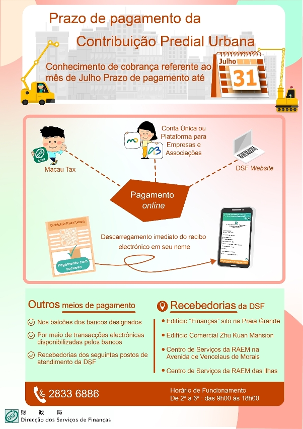 O prazo para o pagamento da Contribuição Predial Urbana, respeitante ao mês de Julho, vai até ao dia 31 de Julho