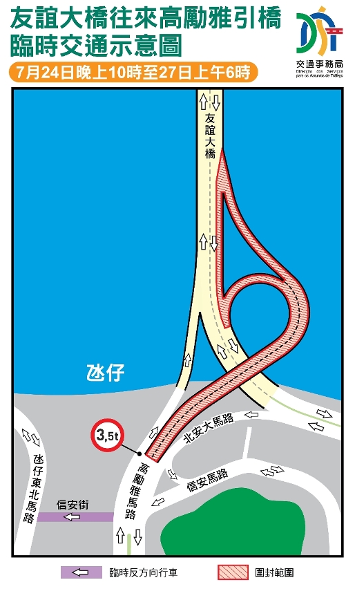 友誼大橋往來高勵雅引橋臨時交通示意圖