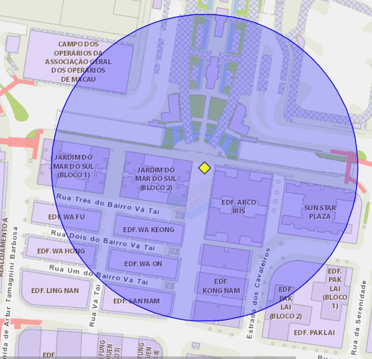 Zona de risco com um raio de 100 metros nas proximidades da Praça das Portas do Cerco