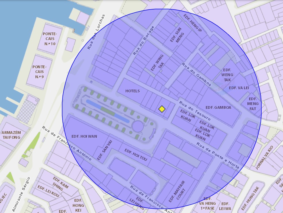 Zona de risco com um raio de 100 metros nas proximidades do London Hotel