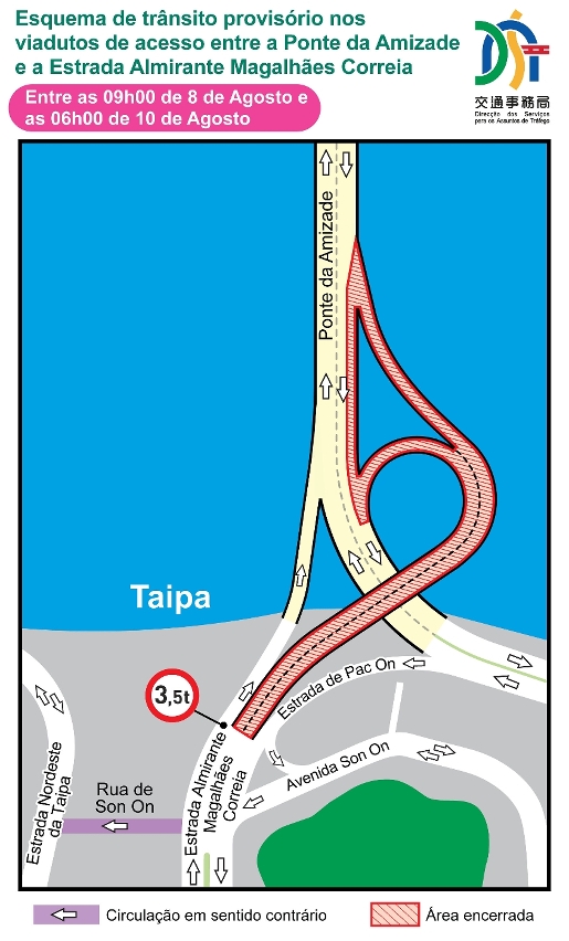 Esquema de trânsito provisório nos viadutos de acesso entre a Ponte da Amizade e a Estrada Almirante Magalhães Correia
