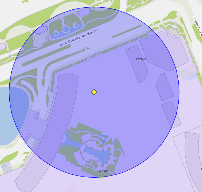 zona de risco com um raio de 100 metros nas proximidades do Wynn Macau