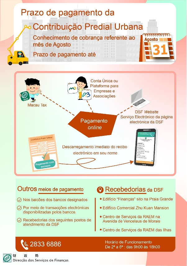O prazo para o pagamento da Contribuição Predial Urbana, respeitante ao mês de Agosto, vai até ao dia 31 de Agosto