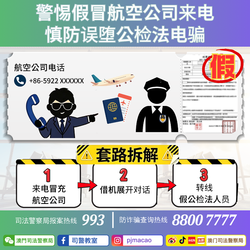 司警局呼吁警惕假冒航空公司来电 慎防误堕公检法电骗