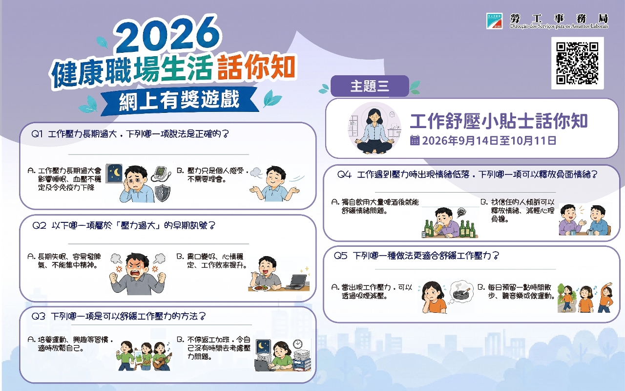 勞工局舉辦有奬遊戲推廣健康職場和生活—工作舒壓小貼士話你知