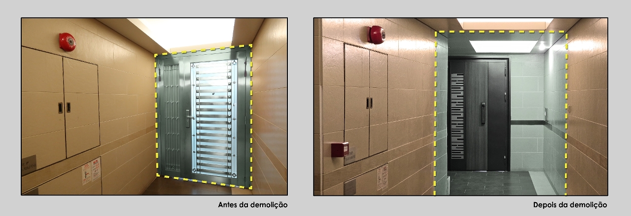 Comparação das situações antes e depois da colaboração dos cidadãos na demolição de portões metálicos instalados ilegalmente.
