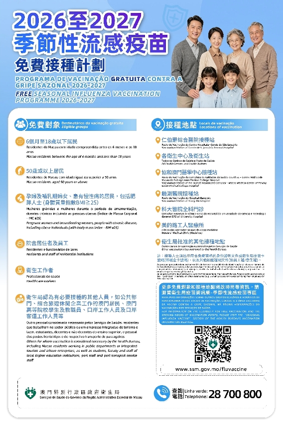 2026至2027季節性流感疫苗免費接種計劃海報