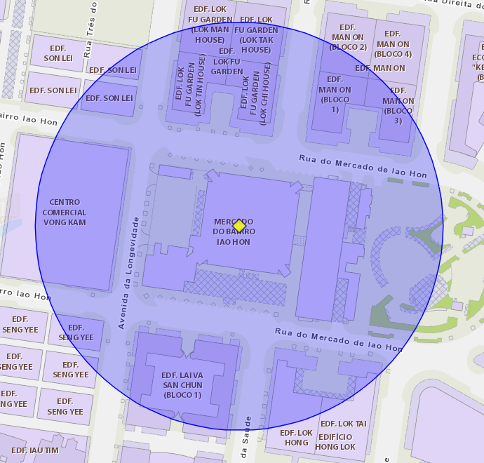 Zona de risco com raio de 100 metros nas proximidades da Rua do Mercado de Iao Hon